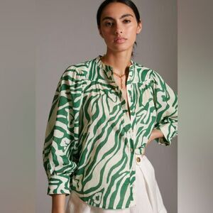 Anthropologie Green and White Zebra Print Blouse